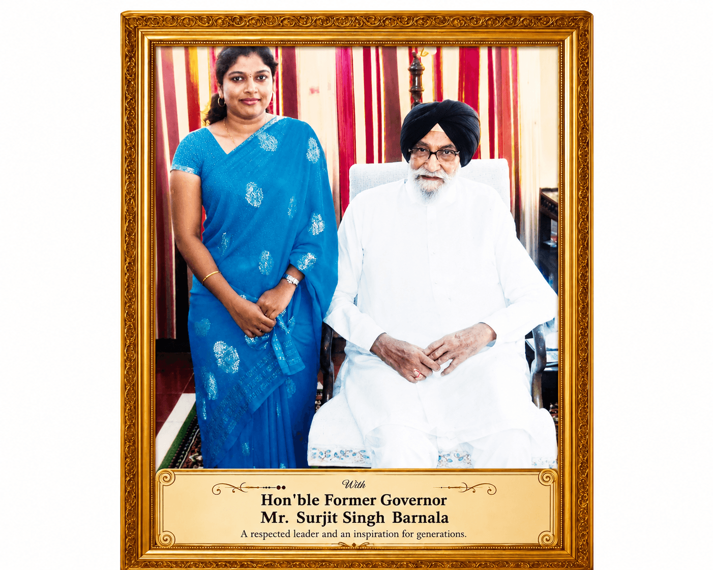 Dr. Suganitha Balasundaram with Hon'ble Former Governor Surjit Singh Barnala