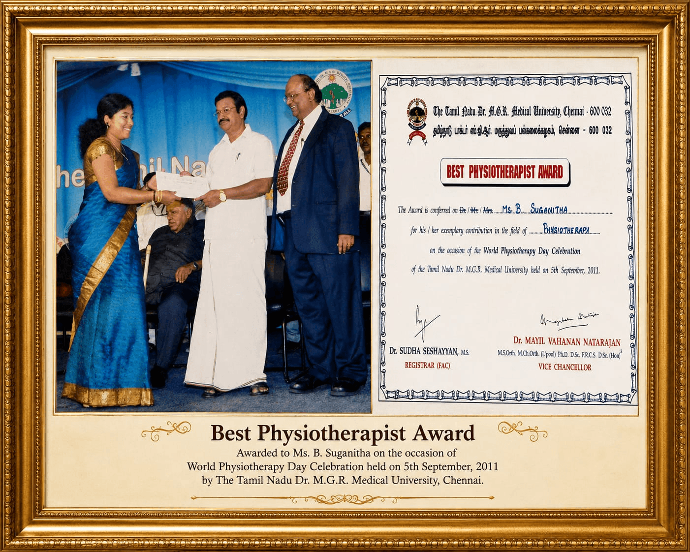 Dr. Suganitha Balasundaram honored with the Best Physiotherapist Award at World Physiotherapy Day Celebration